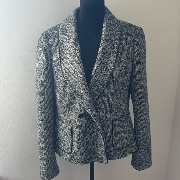 Talbots Sz 14 black ivory wool / cotton blend tweed double breasted blazer - Picture 1 of 8